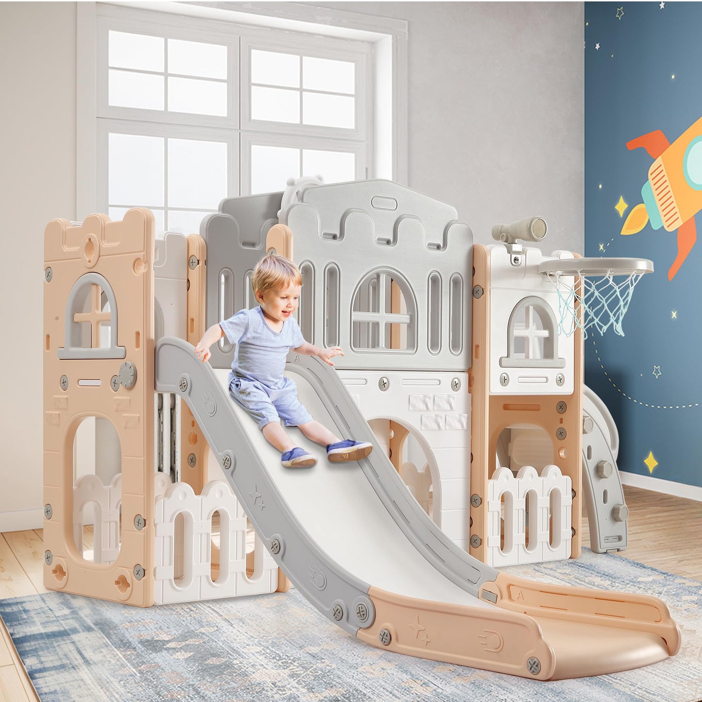 Toddler Slide 8 in 1 Toddler Playset for Toddlers Age 1-3, Baby Playset for Indoor Outdoor Playground with Climber, Crawling Tunnel, Basketball Hoop, Telescope, Toy Storage