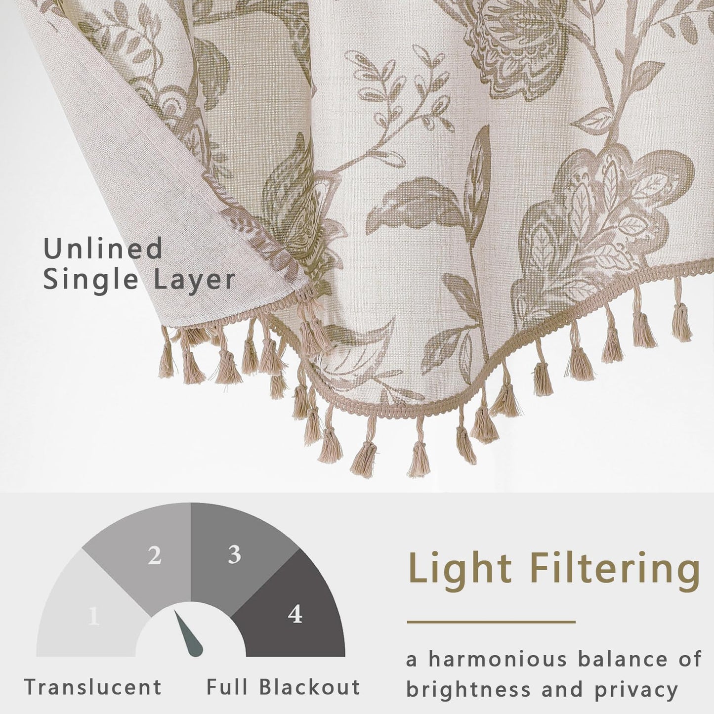 Ebesto Scalloped Valance for Windows - Faux Linen Textured Short Kitchen Valance with Tassels, Farmhouse Floral Printed Small Window Curtains for Bathroom Basement RV, 1 Piece, 52Wx18L Inches, Taupe