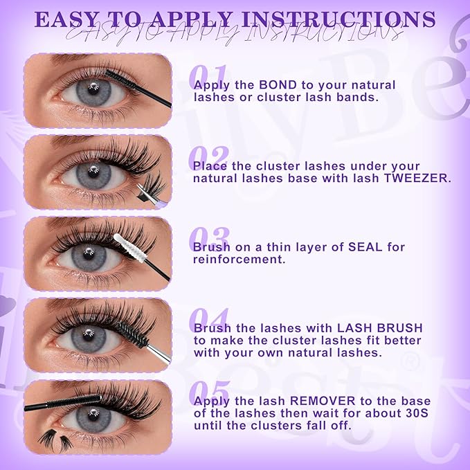 MilyBest Natural Lashes Clusters Lash Kit Fairy Eyelash Clusters with Bond&Seal 3 Styles Wispy 456Pcs Cluster Eyelash Extensions Kit Mixed C-Curl Individual Lash Clusters Thin Band DIY at Home Easily