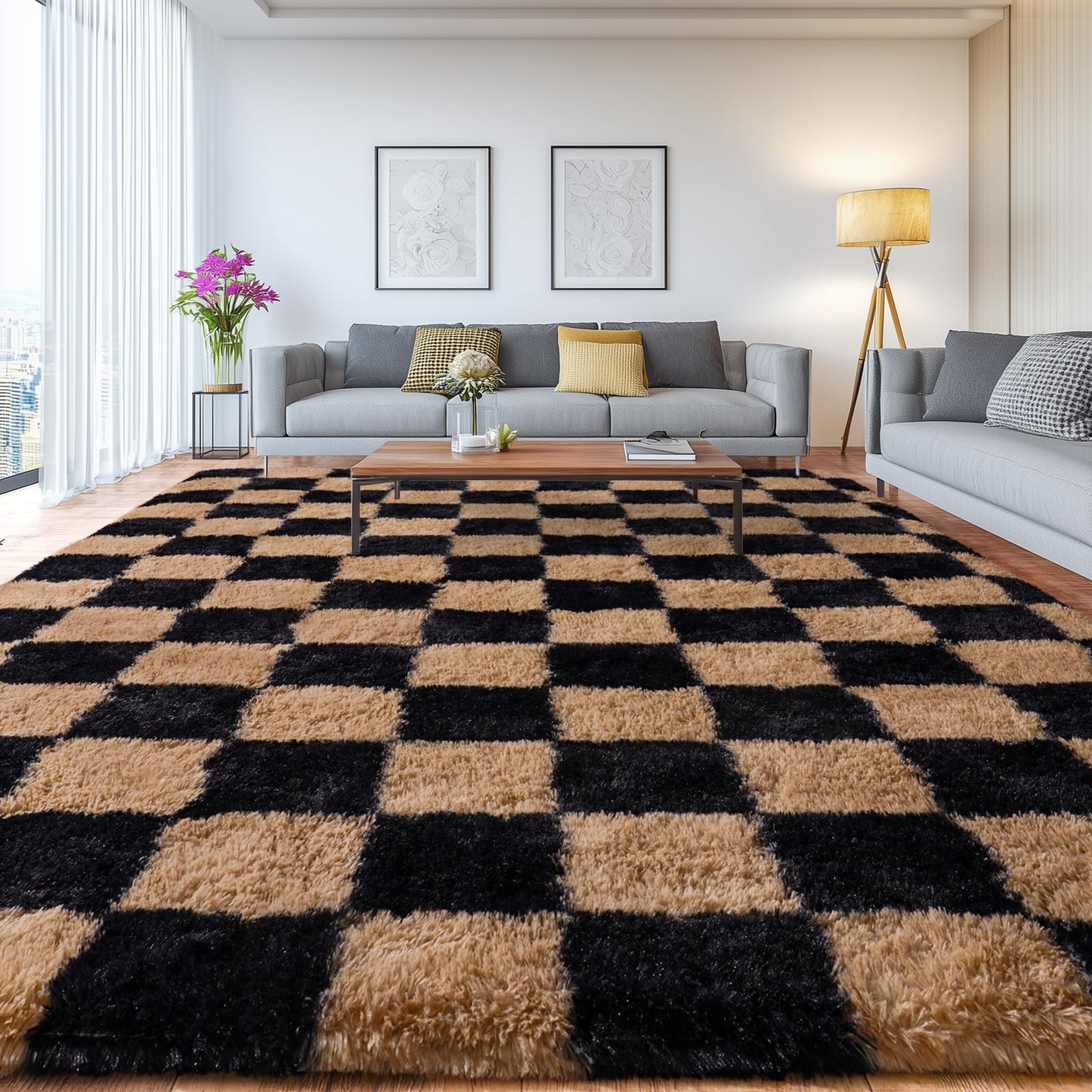 Upgrade Non-Slip Plush Rugs for Living Room, Soft Shaggy Carpets for Living Room, Fuzzy Rugs for Kids' Room, Perfect Decor for Modern Home Grid 6x9Feet