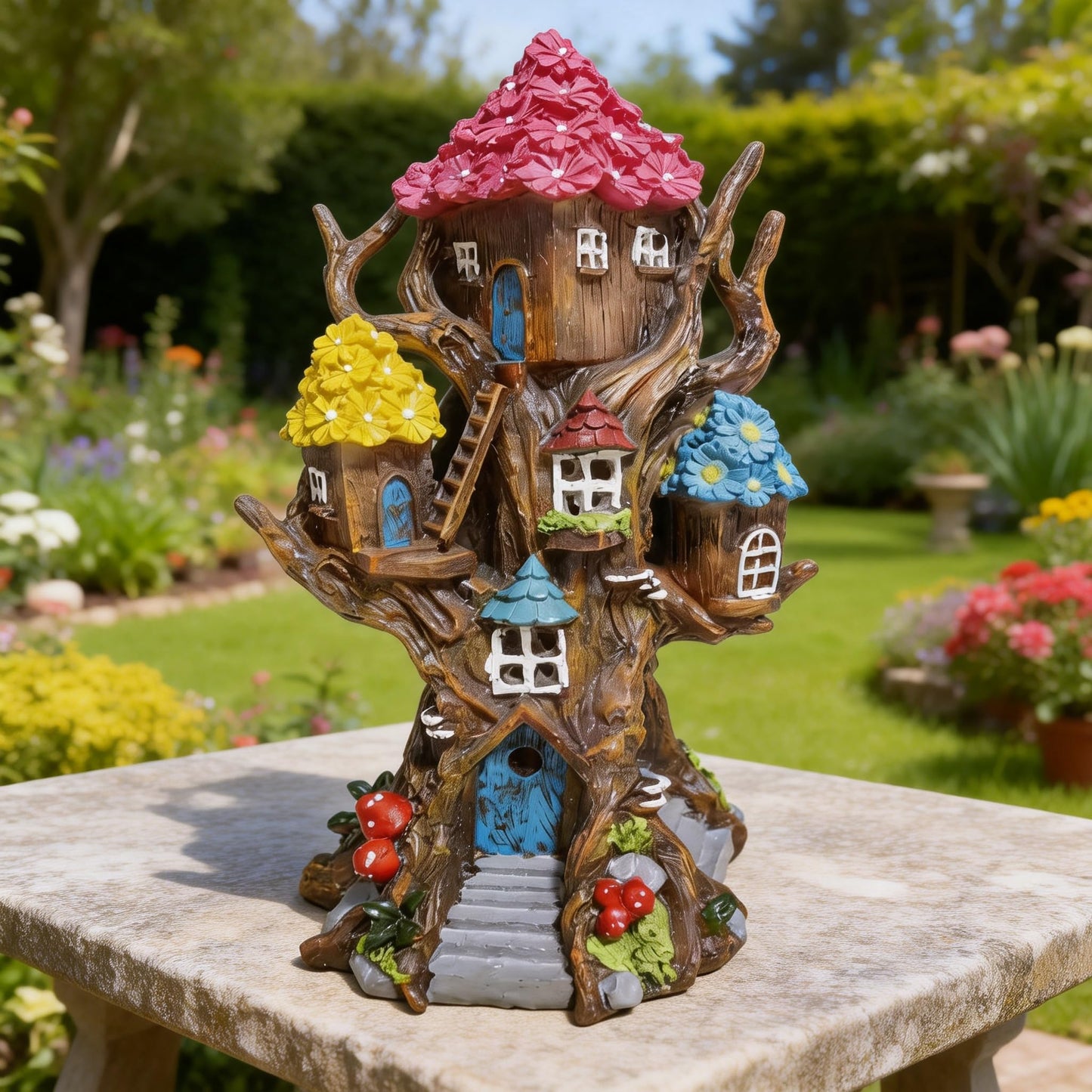 BLBYHO Solar Fairy House Large Fairy Garden Treehouse for Outside, Fairy Garden Accessories Outdoor, Garden Statues Fairy Tree House, for Home, Yard, Balcony Decor, Birthday Gifts for Kids