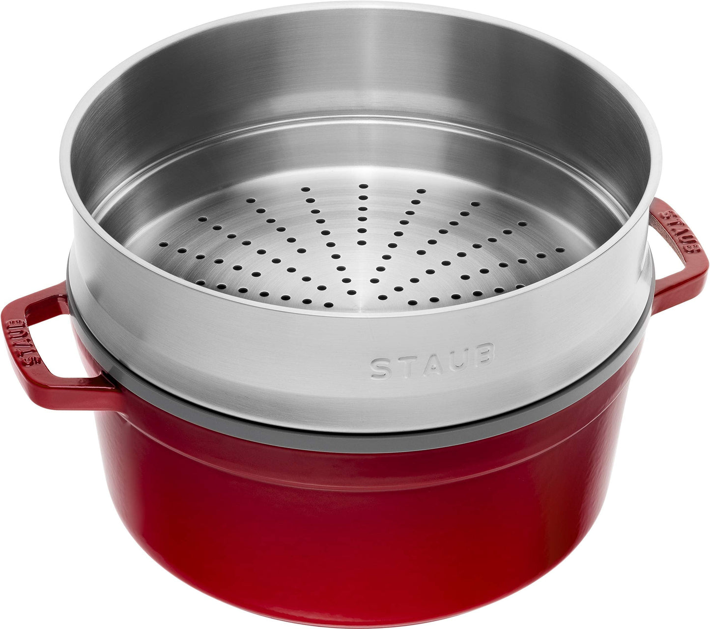 staub La Cocotte Round 40510-601 Pico Cocotte Round Cherry 10.2 inches (26 cm) Steamer Set, Large, Two-Handed Casting, Enameled Pot, Steamer, Induction Compatible