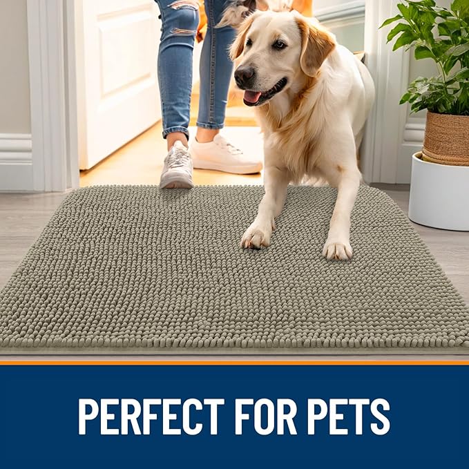 OLANLY Dog Door Mat for Muddy Paws 40x24, Absorbs Moisture and Dirt, Absorbent Non-Slip Washable Doormat, Quick Dry Chenille Mud Mat, Entry Indoor Entryway Carpet for Inside Floor, Warm Taupe