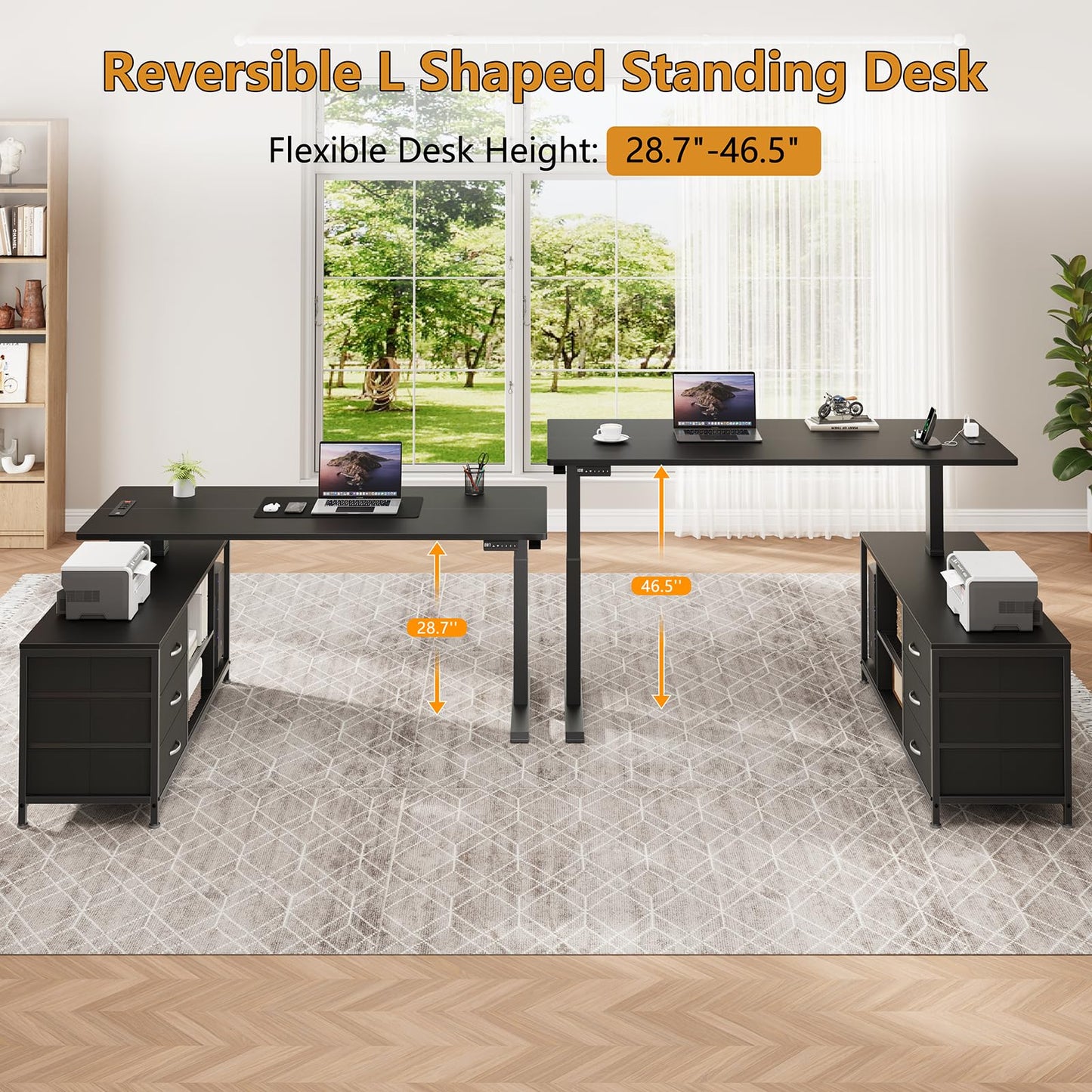 Gacfiew L Shaped Electric Standing Desk with Drawers & Shelves, Height Adjustable Corner Computer Desk with Power Outlets, 55 Inch Sit Stand Executive Desk with Storage for Home Office, Black