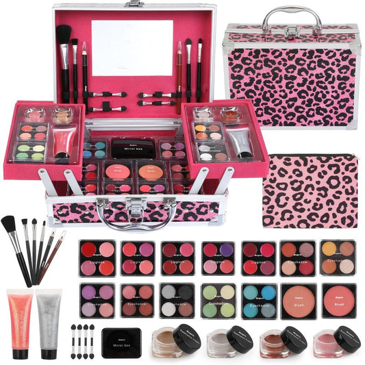 Anpro All-In-One Leopord Double Folding Makeup Carry Case with Pro Teen Makeup Set, Full Starter Kit with Makeup Brushes, Lipsticks, Eyeshadow Palette, Blushes, Glitter Gel, Ideal Present for Girls