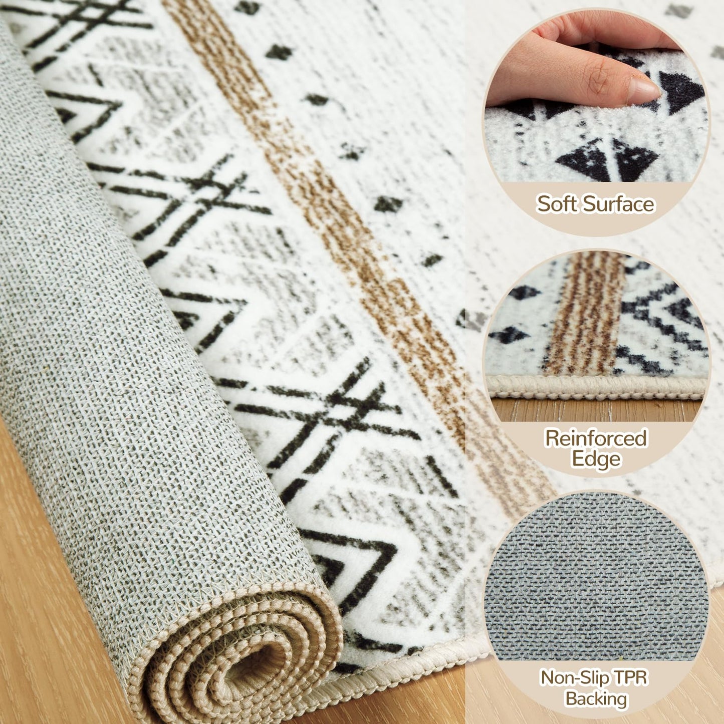 BESTSWEETIE 8x10 Area Rugs for Living Room Washable Moroccan Farmhouse Neutral Geometric Low Pile Non-Slip Soft Print Pattern Rug for Bedroom Kitchen Dining Room Entryway Black/Brown