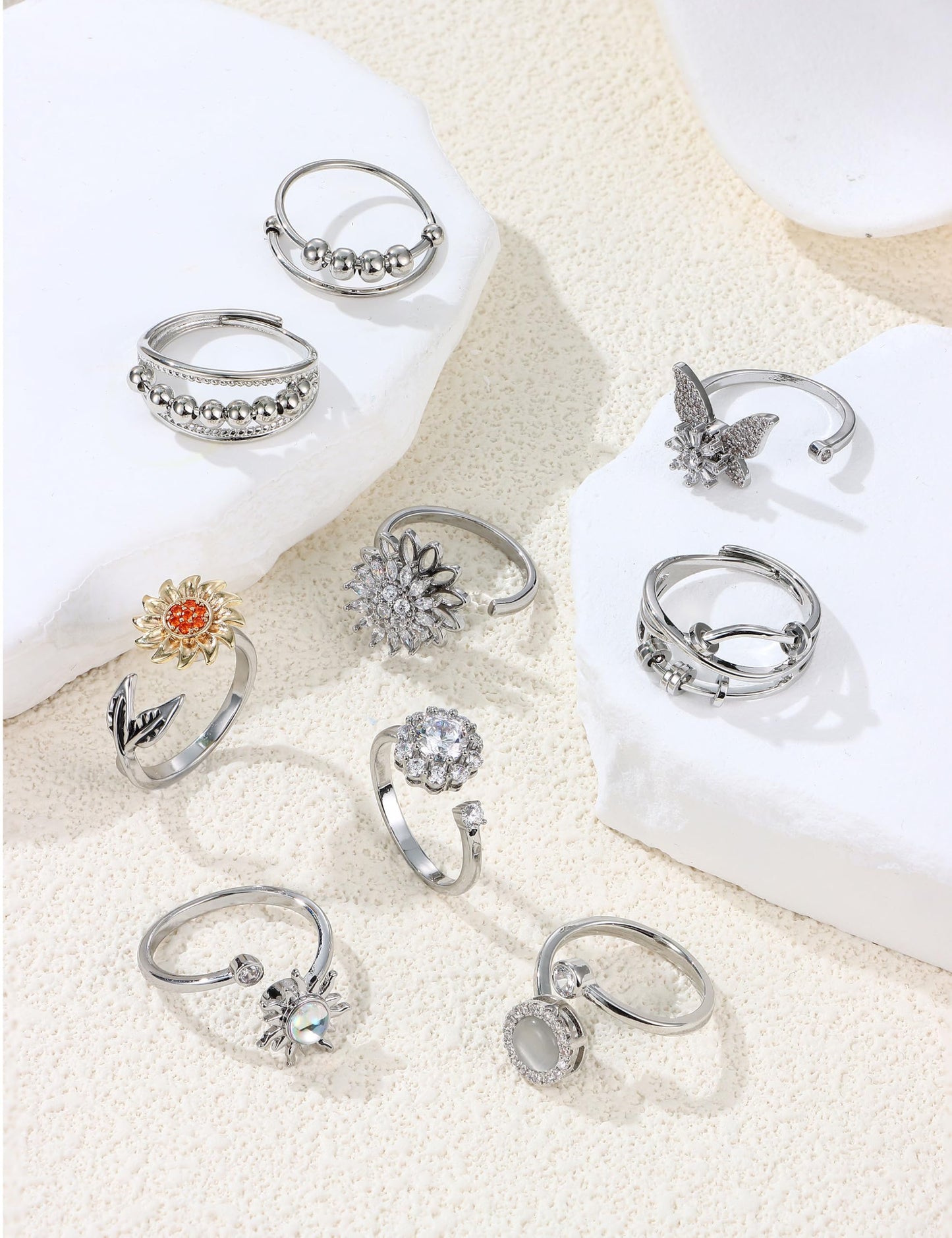 MILACOLATO 14K Gold Plated Fidget Ring for Women Adjustable Anxiety Rings Open CZ Butterfly Sunflower Bead Spinner Rings for Anxiety Stress Relief S