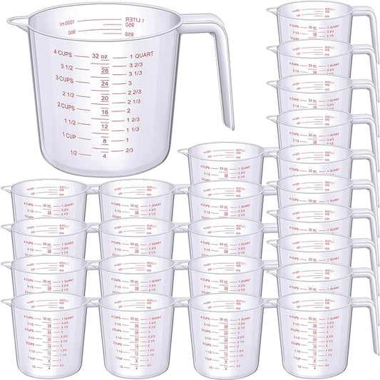 Fabbay 24 Pcs 4 Cup Capacity Plastic Measuring Cup 1000 ml Clear Graduated Measuring Cups Plastic Mug with Spout and Handles Ounce and Ml Marking for Recipe Ingredient Flour Water Liquid(Red,32 oz)