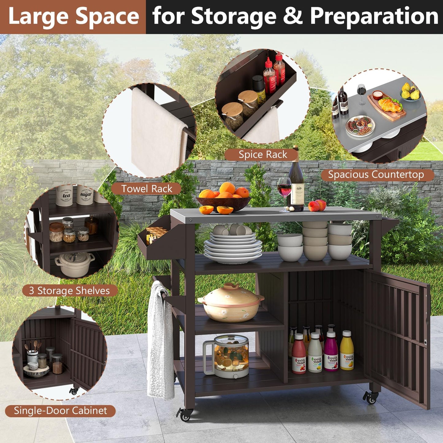 Giantex Outdoor Grill Cart with Storage Cabinet & Shelves, Patio Kitchen Island Table with Stainless Steel Top, Spice & Towel Rack, Movable Pizza Oven Stand on Wheels, Rolling Bar Cart BBQ Prep Table
