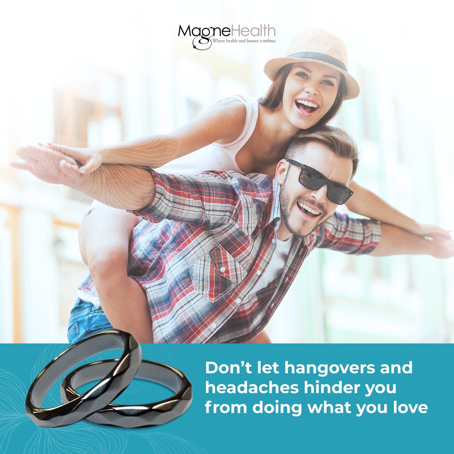 MAGNEHEALTH - Black - Size 10 - Thin Beveled Magnetic Hematite Ring for Women, Absorbs Negative Energy, Magnetic Acupuncture Ring