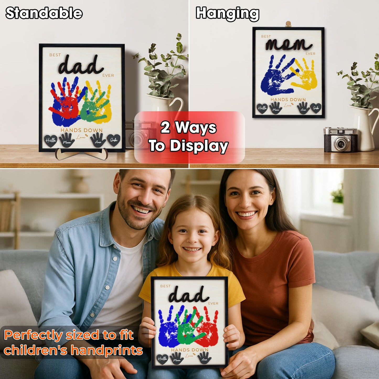 10" Best Dad Ever Hands Down Sign DIY Dad Gifts from Kids Handprint Kit with Acrylic Paint, Toddler Craft Birthday Gift Father's Day for Daddy, Papa Family Plaque with Daughter, Son Names HF90-D