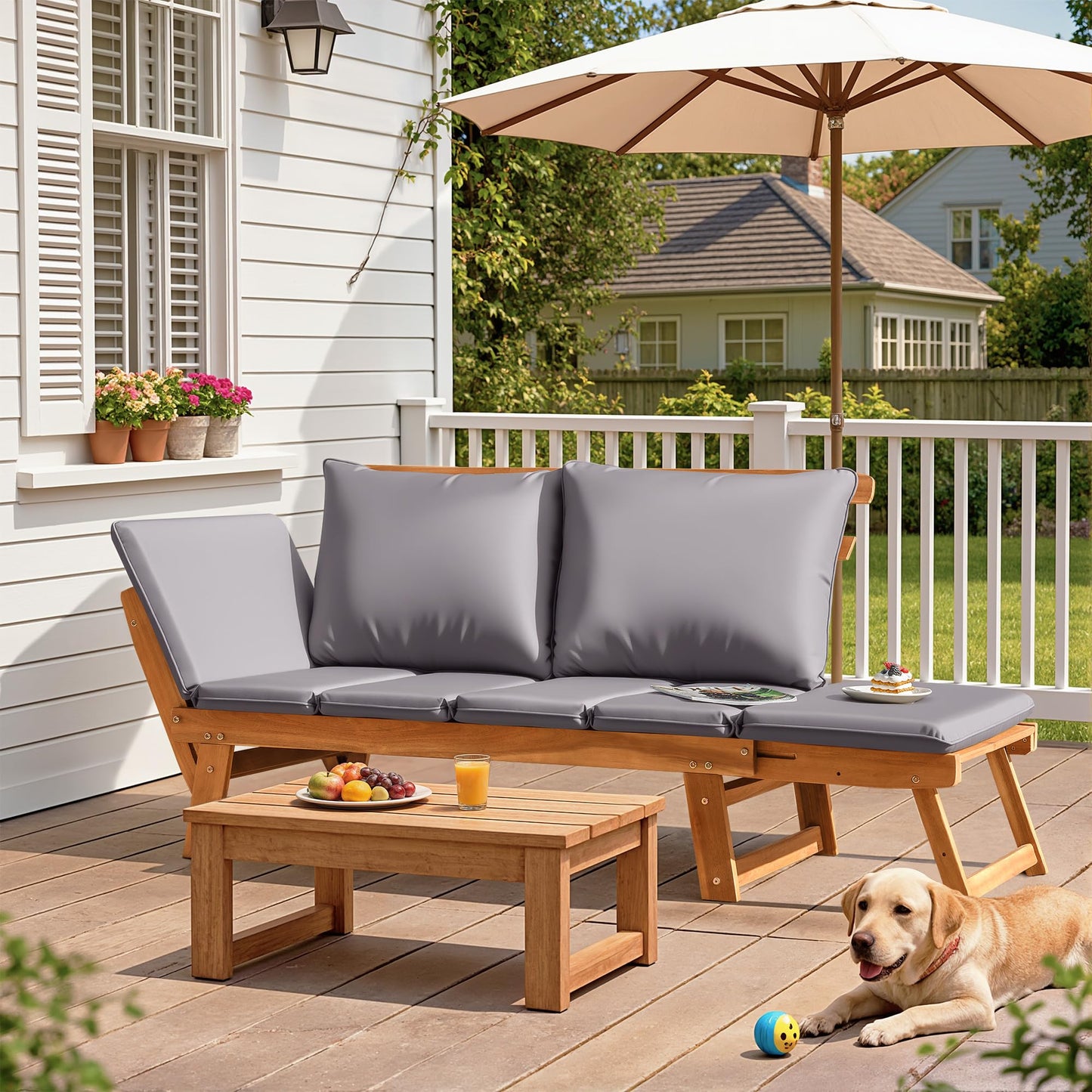 Flamaker Outdoor Couch with Adjustable Armrests, Acacia Wood Patio Loveseat with Soft Cushions, Convertible Patio Furniture for Balcony, Porch, Backyard (Grey)