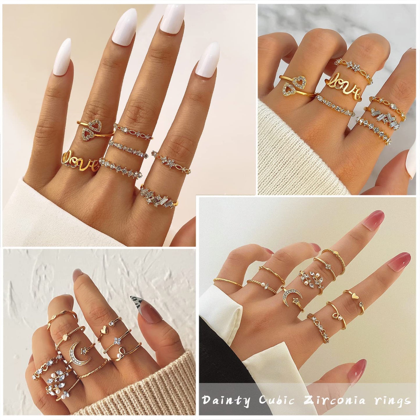 IFKM Gold Knuckle Rings Set For Women Vintage Stackable Joint Finger Midi Rings Dainty Cubic Zirconia Crystal Simple Twist Hollow Cute Rings Pack Jewelry Gift (Moonlight Express, Gold)
