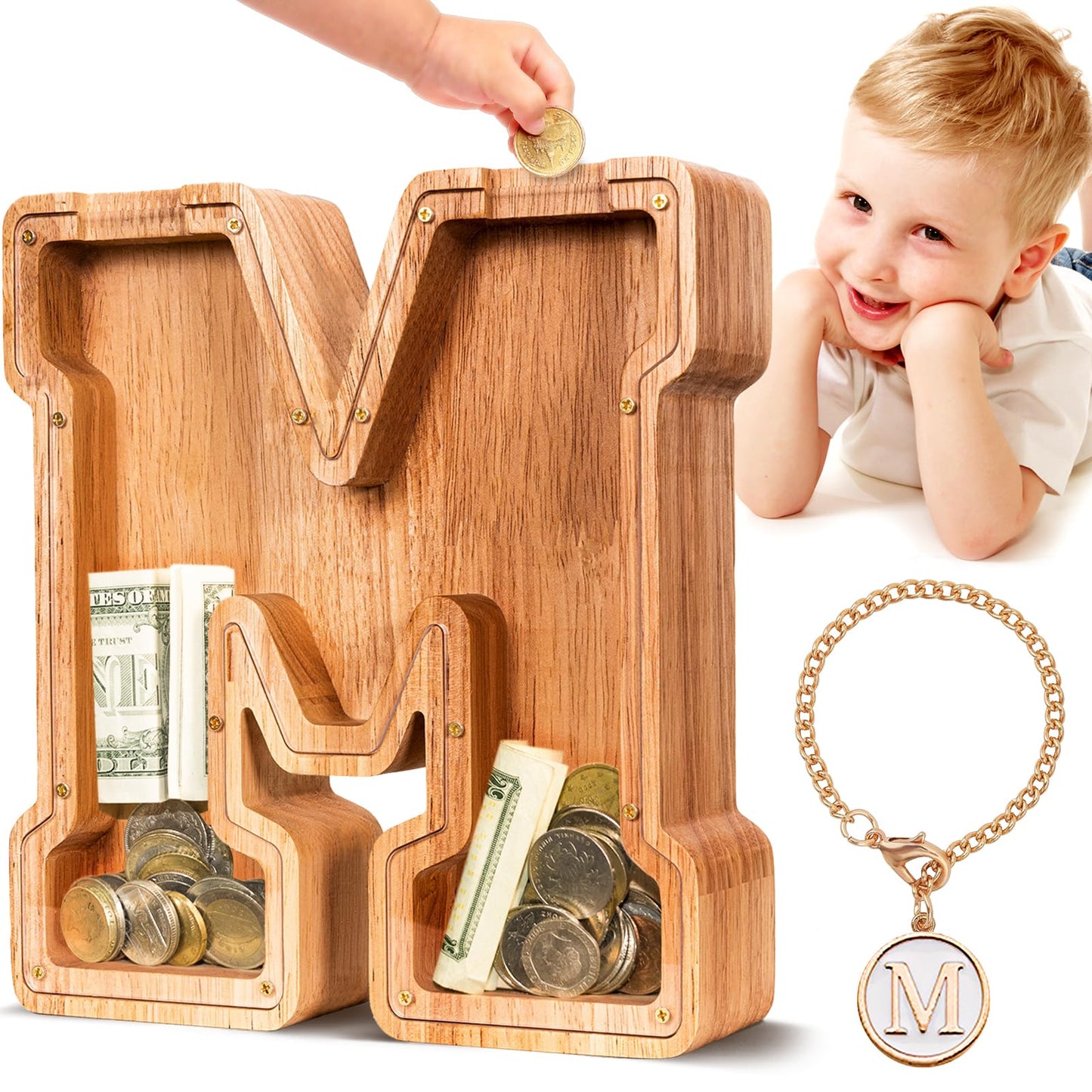 SummiDate Wooden Letter Piggy Bank for Kids| Piggy Bank for Boys Girls Toddler| Alphabet M Money Bank| Personalized Initial Wood Coin Bank Birthday for Kids (M)
