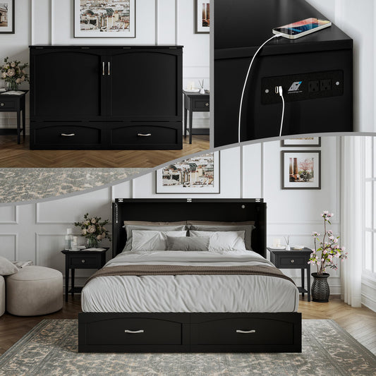 AFI, Marion Queen Wood Murphy Bed Chest with 6" Mattress, Storage Drawer, & Built-in Charger, Black