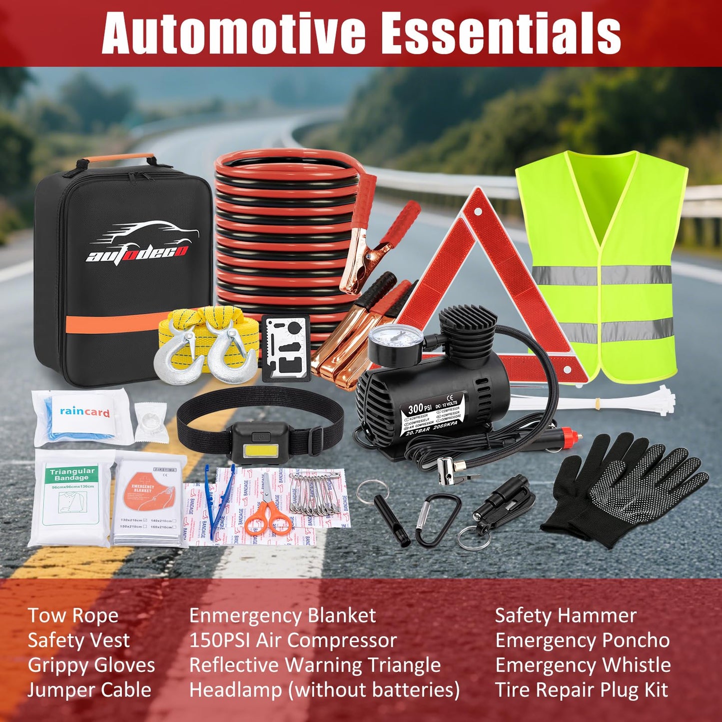 AUTODECO Car Roadside Emergency Kit, Car Safety Kit Portable Vehicle Kits for Emergency with Jumper Cables, Tow Straps, Safety Hammer, Black