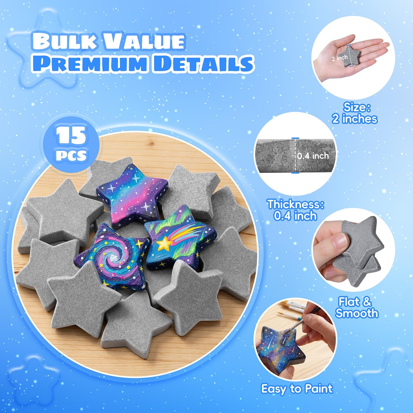 Simetufy 15 Pcs Star-Shaped River Rocks for Painting, 2 Inch Smooth Flat Rocks to Paint, Bulk Craft Stones for DIY, Kindness Rocks, Garden Decoration, Perfect Gift for Kids & Adults