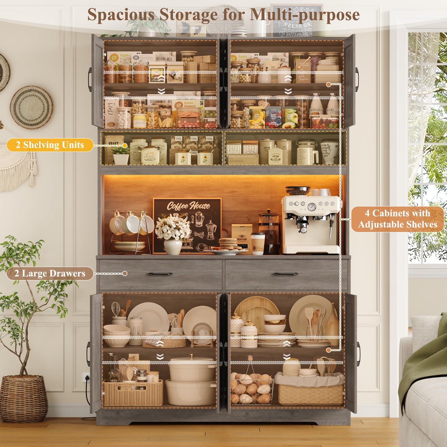 HOSTACK Modern Farmhouse Pantry Cabinet, 75" Tall Kitchen Pantry Storage Cabinet with Charging Station, RGB LED Light, Multi-Purpose Kitchen Storage Hutch Cabinets with Adjustable Shelves, Ash Grey