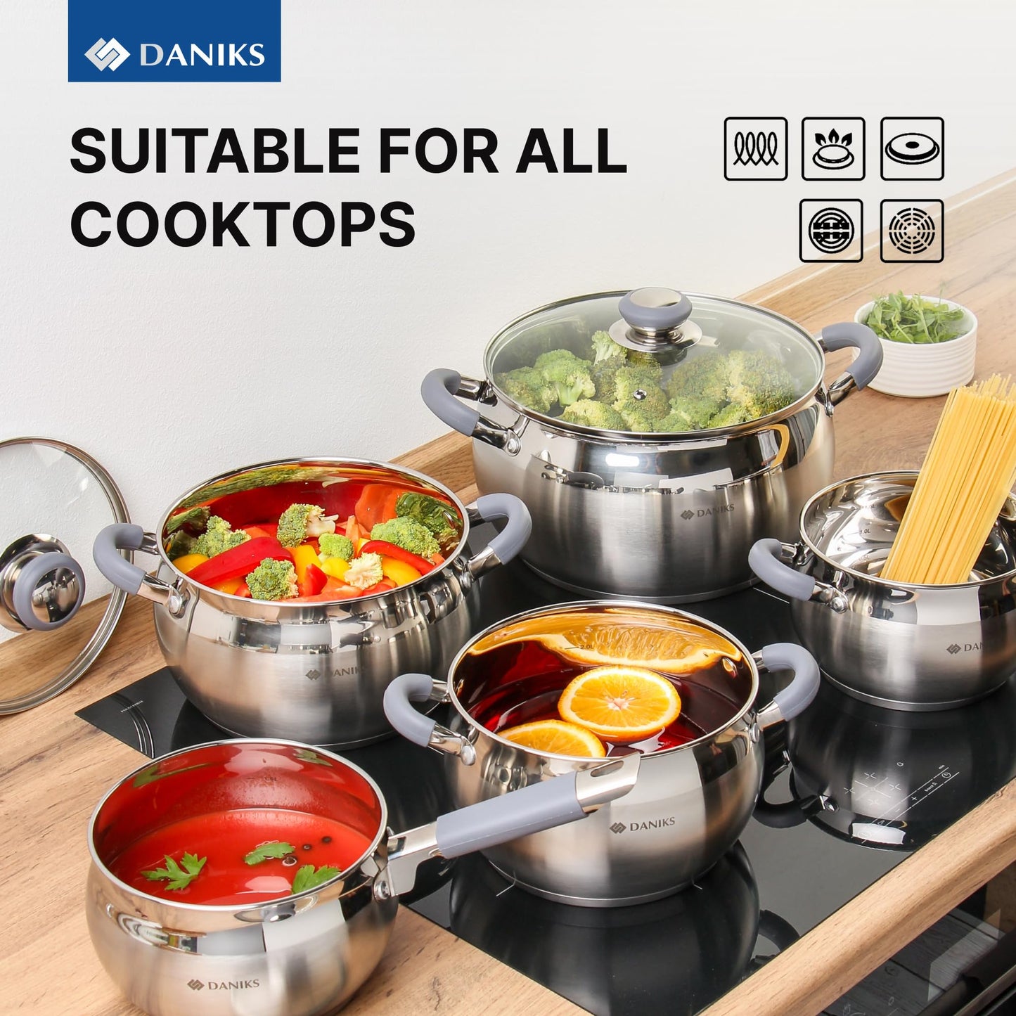 Daniks Modern 11-Piece Stainless Steel Cookware Set with Glass Lids, Includes Saucepan and Frying Pan with Lid, Tri-Ply Bases for Even Heating, Induction Compatible, Dishwasher Safe, Heatproof Handles