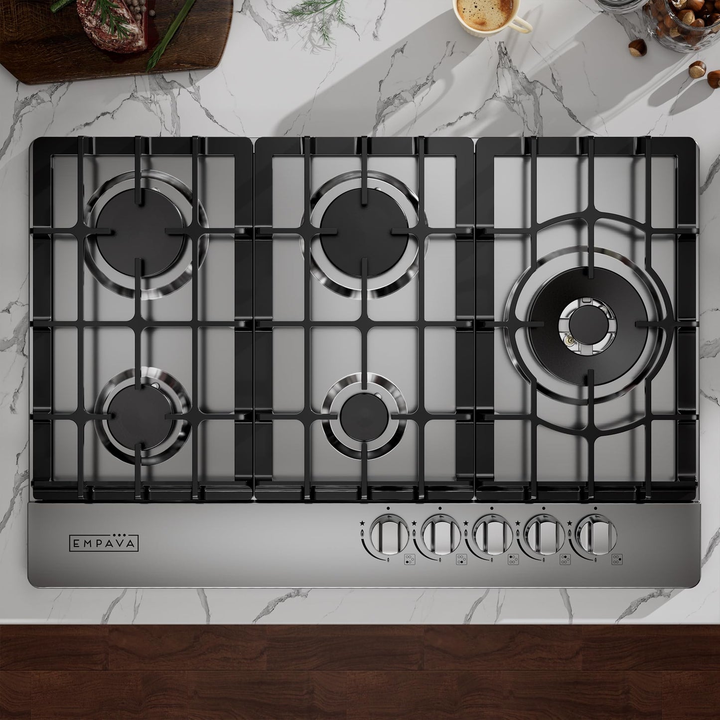 Empava 30 Inch Built-in Gas Cooktop with 5 Sealed SABAF Burners, Stainless Steel Surface, Ion Ignition, LPG/NG Convertible, Dishwasher Safe Grates