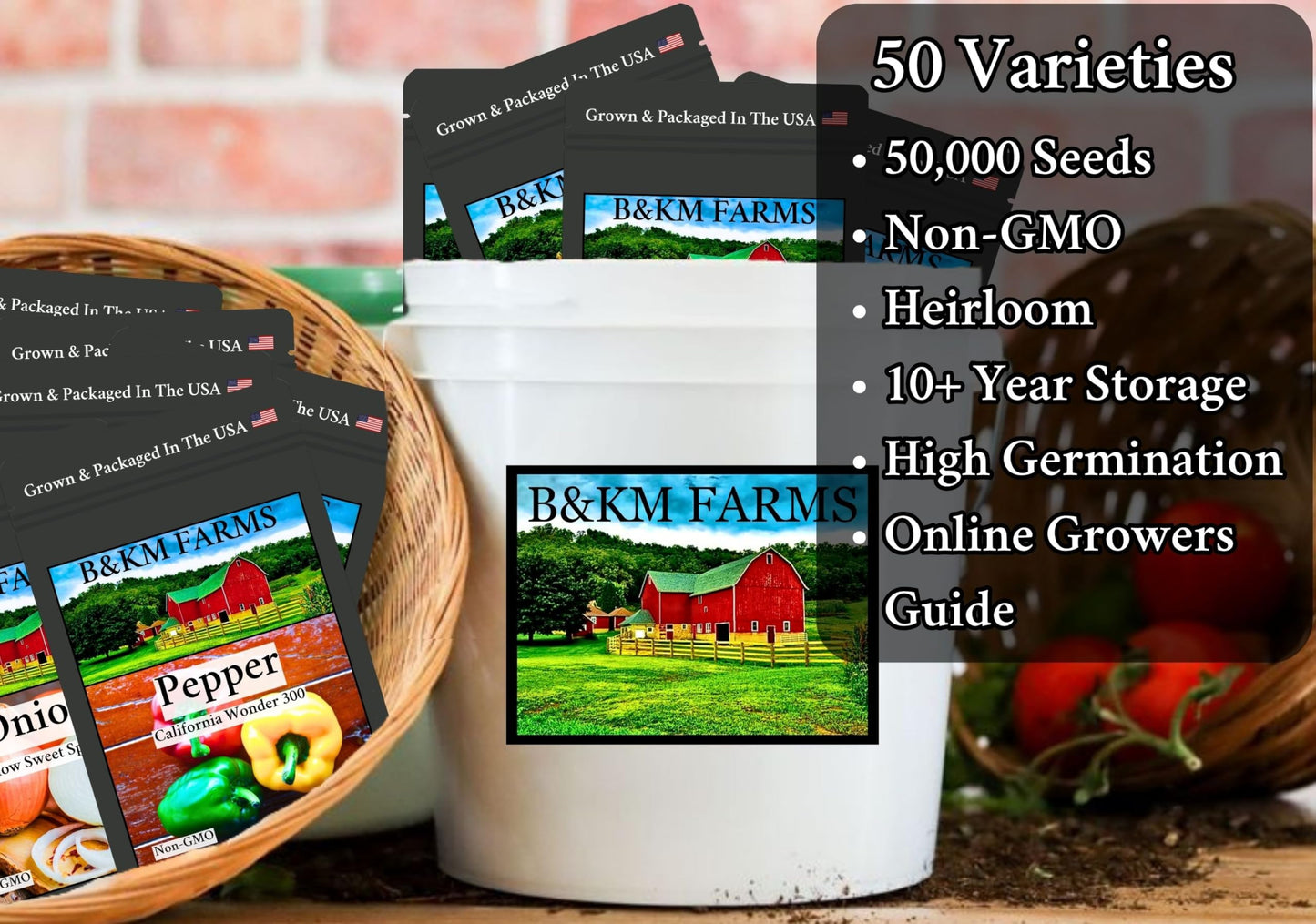 Survival Seed Vault: 50 Varieties, 50,000+ Non-GMO Heirloom Seeds - 5+ Year Supply in Secure Bucket + Growing Guide by B&KM Farms