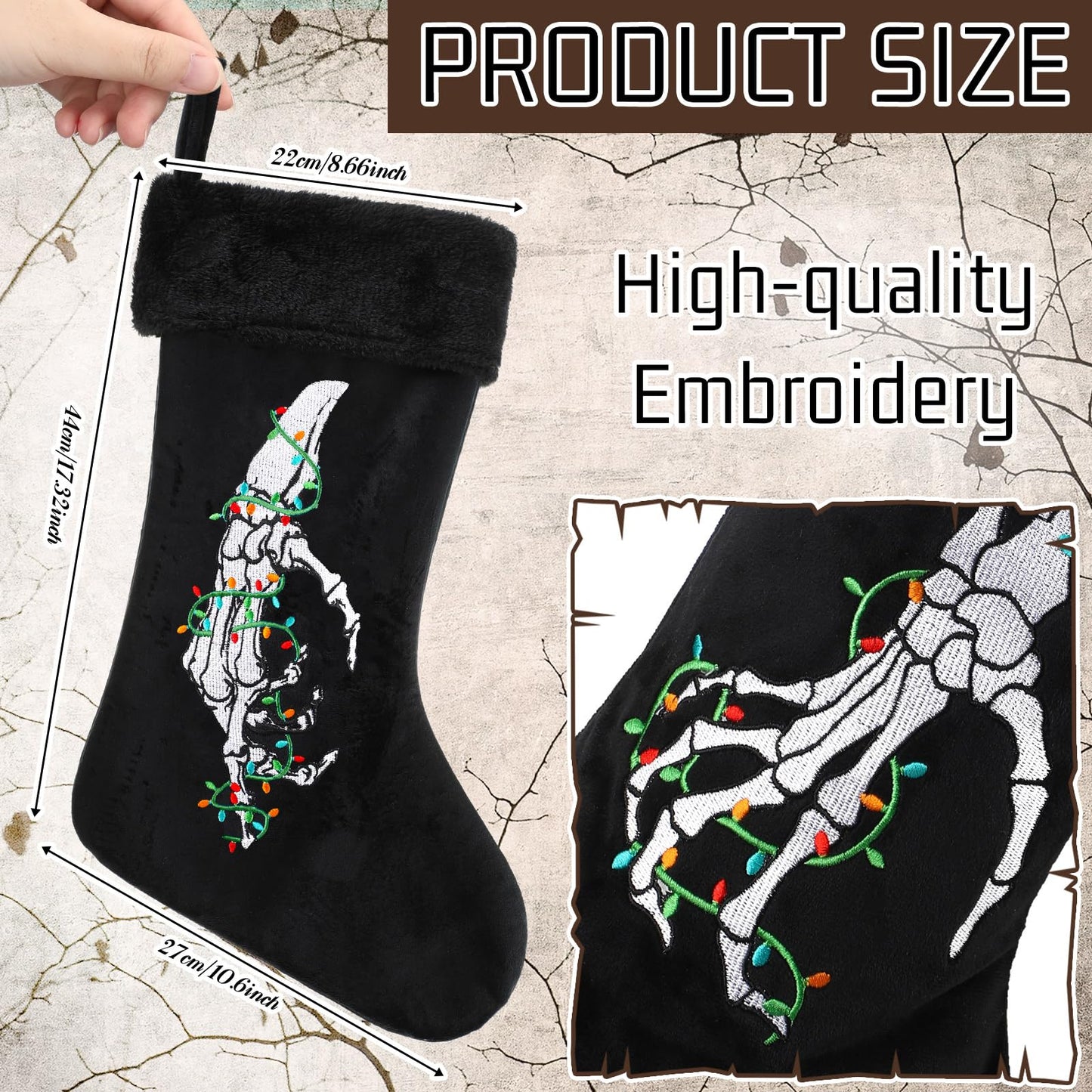 Croknit 2 Pcs Gothic Christmas Stocking Black Velvet Stocking Goth Xmas Skeleton Hand Embroidered Stockings Hanging Ornaments Santa Candy Gift Bags for Christmas Home Decorations(Light)