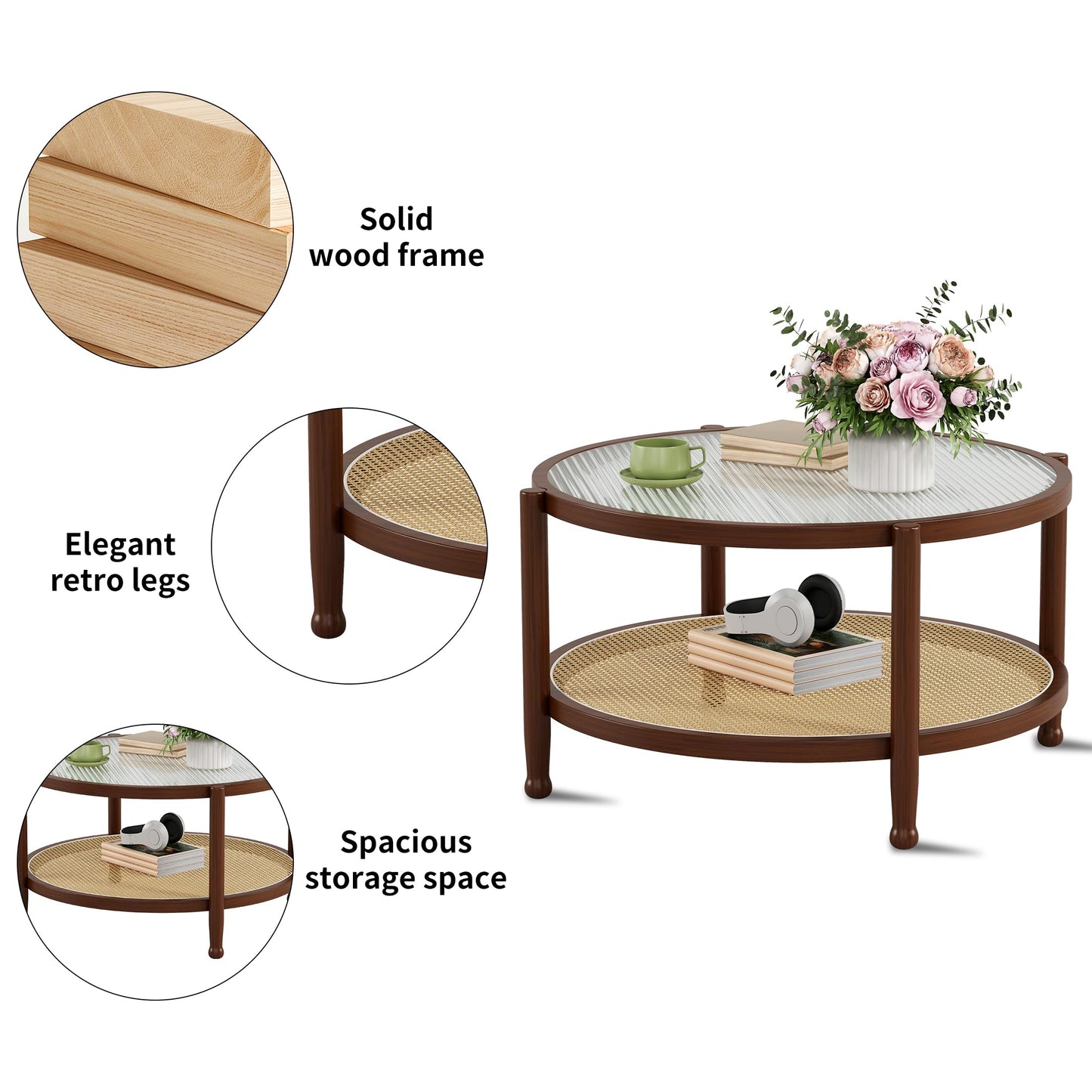 Saylike Rattan Round Coffee Table for Living Room, 32" Boho Circle Table with Tempered Glass Desktop Rustic Solid Wood Farmhouse Accent Center Storage Table (Walnut, 31.5" D x 31.5" W x 17" H)