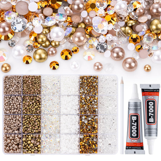 14400PCS Flatback Rhinestones Half Pearls for Crafts, Champagne Gold Resin Rhinestones Mixed Size 3mm-6mm, Flat Back Rhinestones for Bedazzling DIY Shoes Clothes with 2pcs B7000 Glue