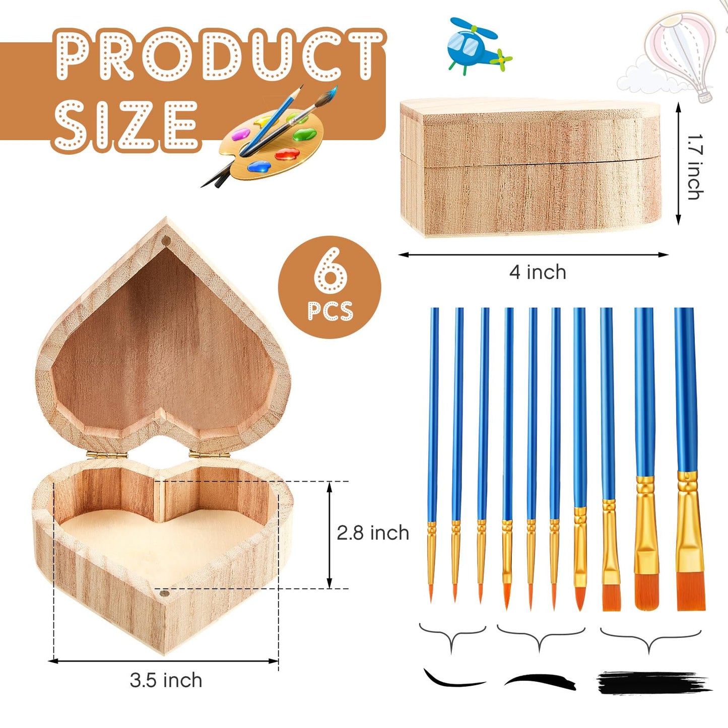 Taiyin 24 Pcs Unfinished Heart Box Unpainted Wooden Treasure Chest with Art Brushes Wood Heart Shaped Natural Pine Box with Hinged Lid for DIY Craft Making Storage Jewelry