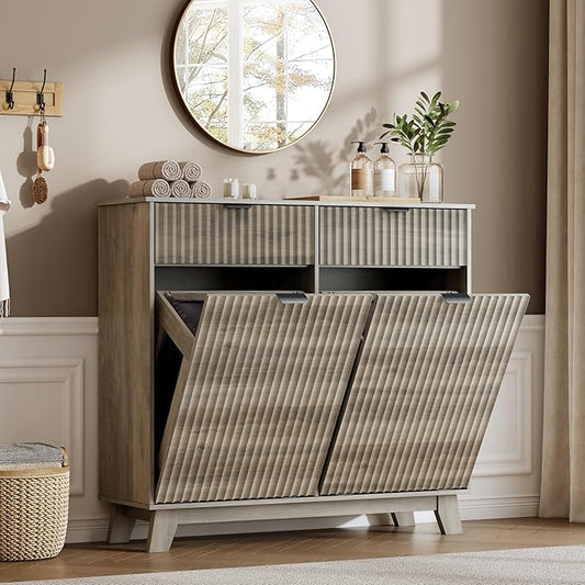 Double Tilt Out Laundry Hamper Cabinet, 20 Gallon Wooden Trash Can Cabinet with Drawers, Hidden Fluted Bathroom Storage Cabinet for Kitchen, Living Room (Wood Grey, 39.34"W x 35.83"H x 13"D)