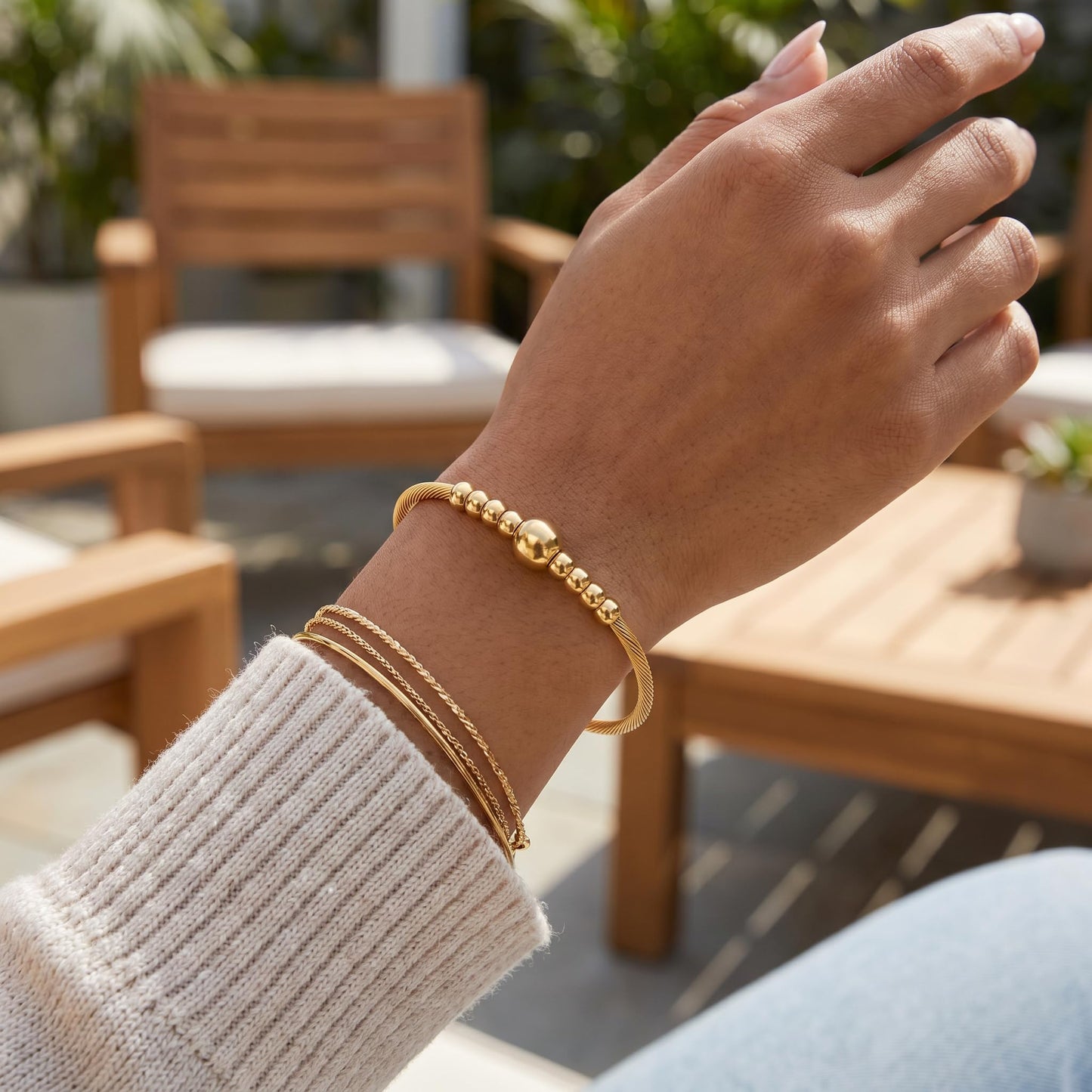 LXBQYSTO Cable Wire Twisted Cuff Bangle Bracelet For Women 14K Gold/rose/silver Stainless Steel Jewelry for Women Gift (Bead Gold)