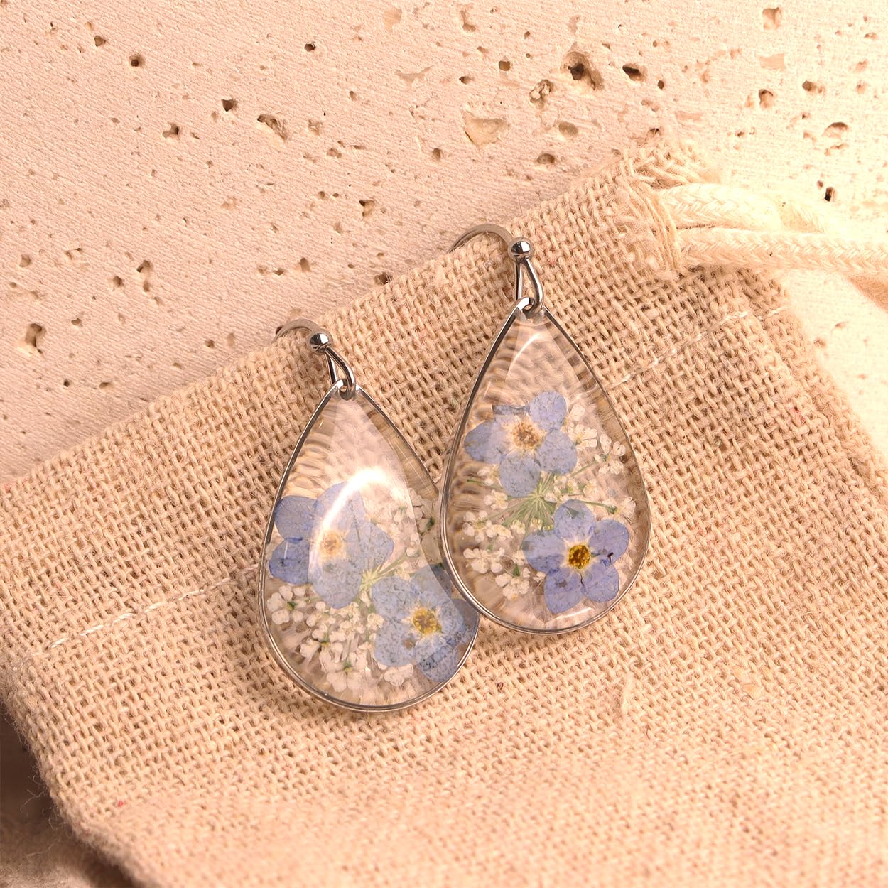 JeanBeau Handmade Pressed Flower Earrings for Women, Forget-Me-Not Queen Anne's Lace Wildflower Blue Nature Dried Flowers Silver Teardrop Dangle Drop Statement Floral Earings Jewelry Gift