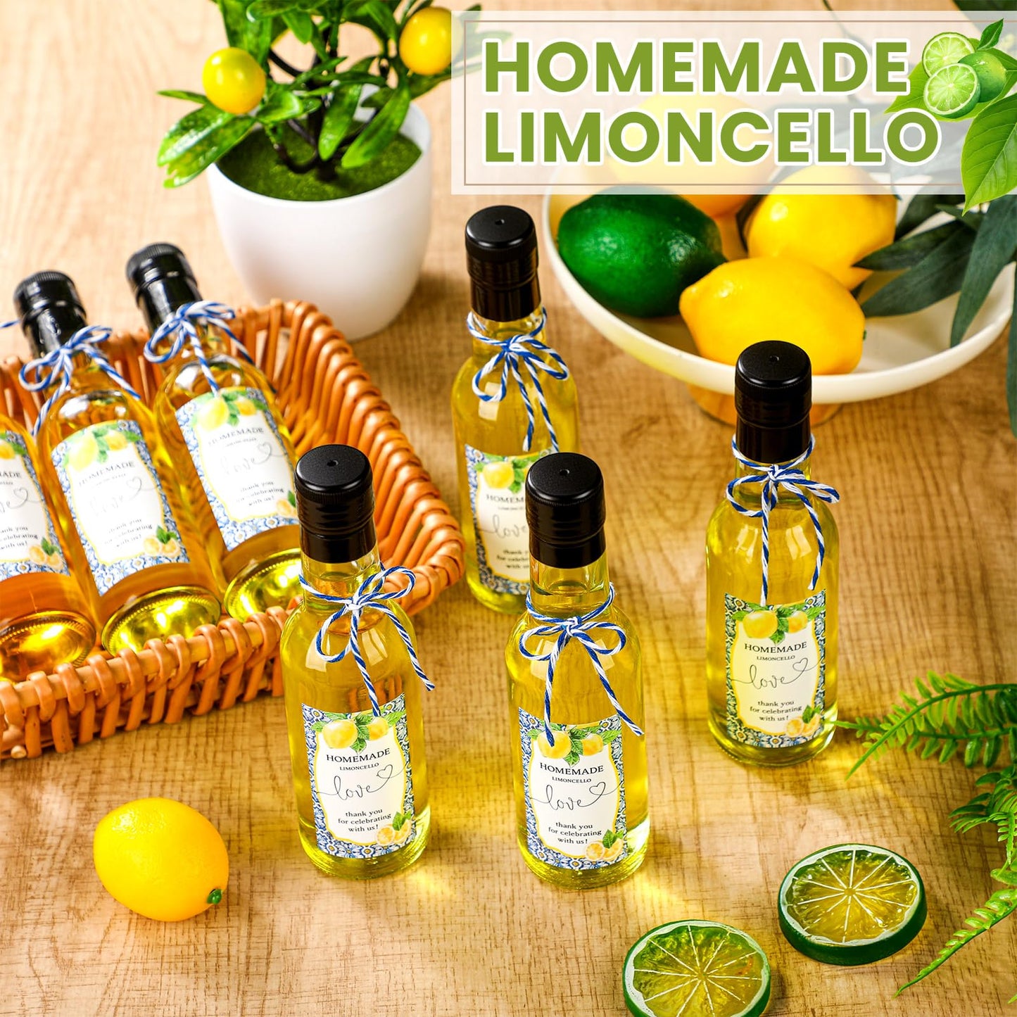 Reallnaive 30 Sets 5 oz Mini Limoncello Glass Bottles with Italian Lemon Stickers Lids and Funnel Capri Lemon Party Favors for Homemade Brewing Beverages Amalfi Coast Wedding Holiday DIY Craft