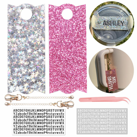 2 Sets Personalized Name Plates for Stanley 40 oz 30oz 20oz Name Tags For Water Bottle Tumbler Glittering Acrylic Accessories Charms for Tumbler With Handle Lid Toppers (1 Star+1 Hot Pink, 40 oz)
