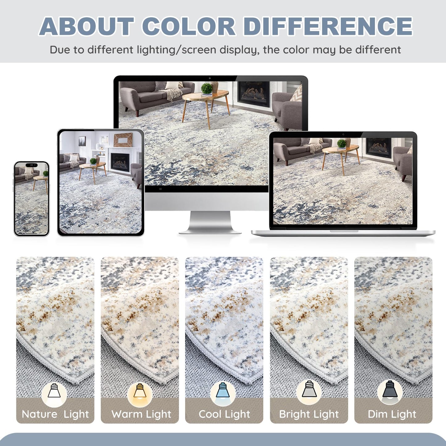 Area Rug Living Room Rugs - 9x12 Abstract Large Soft Indoor Washable Rug Neutral Modern Low Pile Carpet for Bedroom Dining Room Farmhouse Home Office - Beige Blue