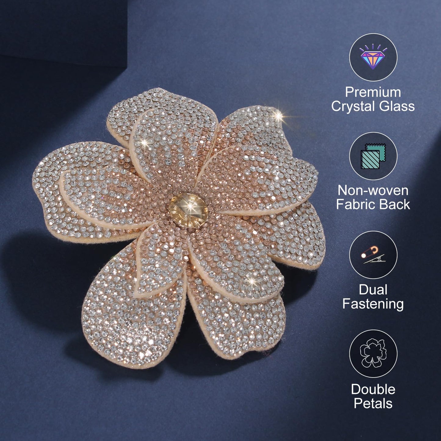 Merdia 3.74 Inches Rhinestone Camellia Flower Brooch Pins & Hair Clips for Women Elegant Created Crystal Lapel Pin Brooches Wedding Party Champagne and white