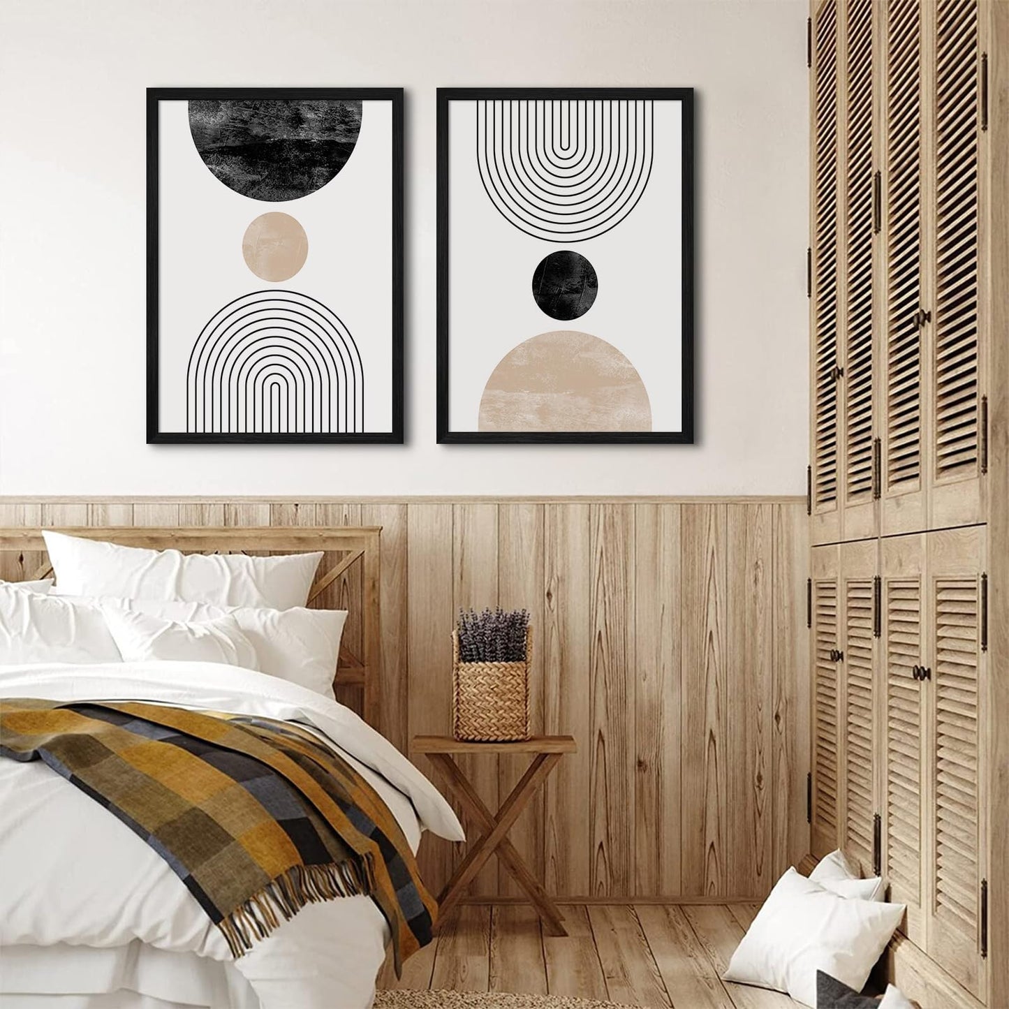 Mid Century Modern Wall Art Prints Set of 2 Neutral Abstract Geometric Wall Art Boho Canvas Prints Mid Century Eoind Wall Decor Modern Abstract Pictures Artwork for Home Room 12x16 Inch Black Framed
