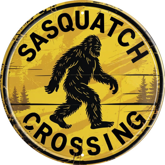 Aimlayton Sasquatch Crossing Metal Sign 8x8in Funny Rustic Plaque for Cabin Forest Road Outdoor Adventure Decor
