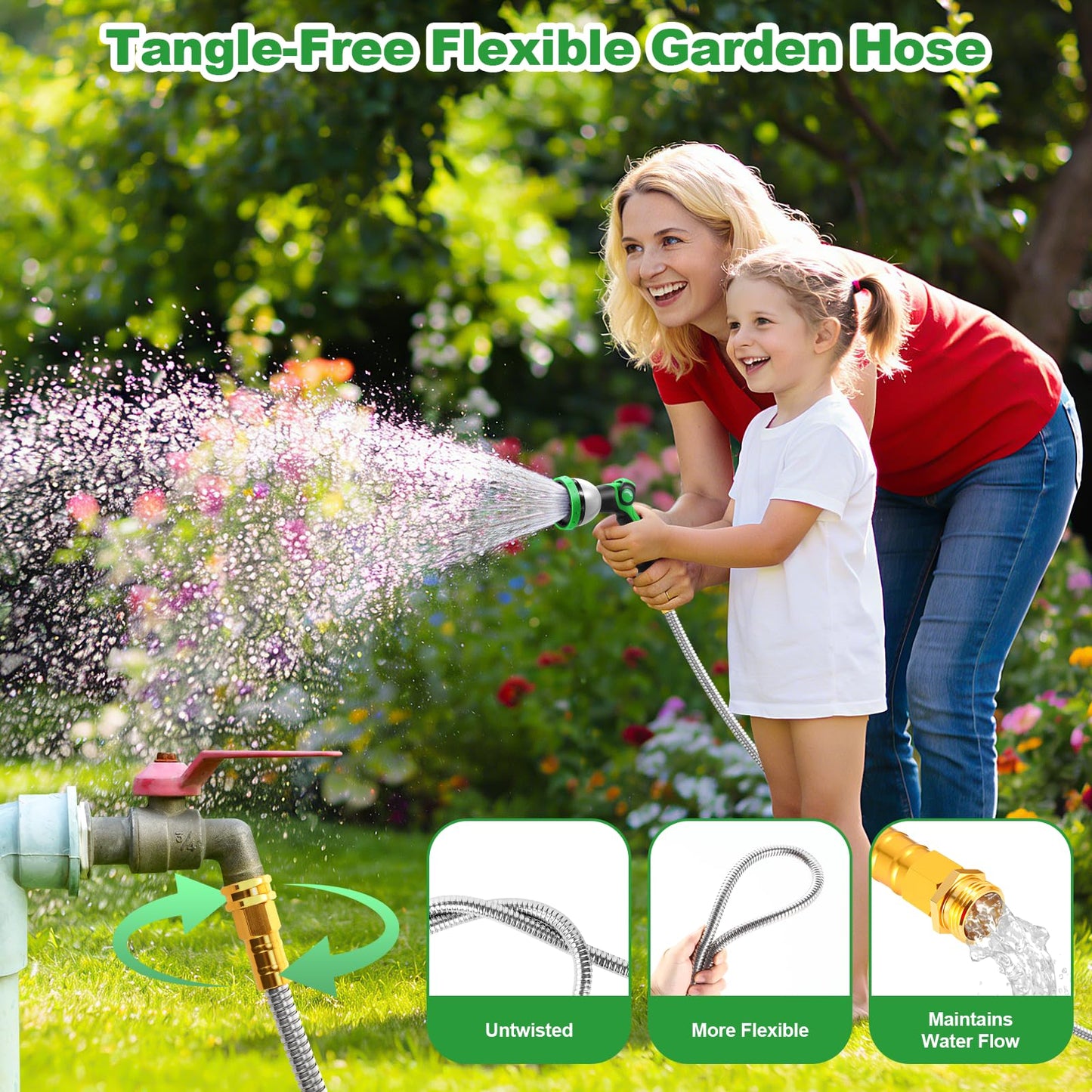 Garden Hose 50FT, Flexible Stainless Steel Metal Water Hose with 10-Function Nozzle, No-Kink, Leak-Proof, Wear-Resistant, 3/4 GHT, Easy to Use and Store for Garden, Yard, Lawn, Outdoor