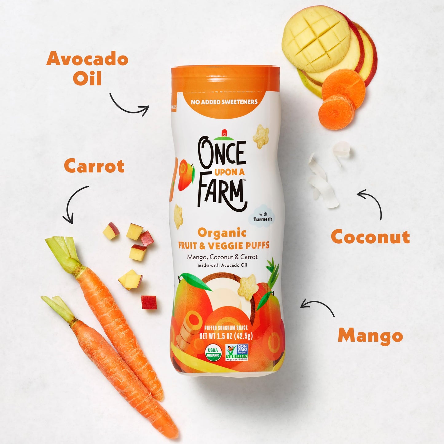 Once Upon A Farm Mango, Coconut & Carrot Puffed Sorghum Snack, Fruit & Veggie Puffs, Non GMO, 1.5 Ounces (Pack Of 6)