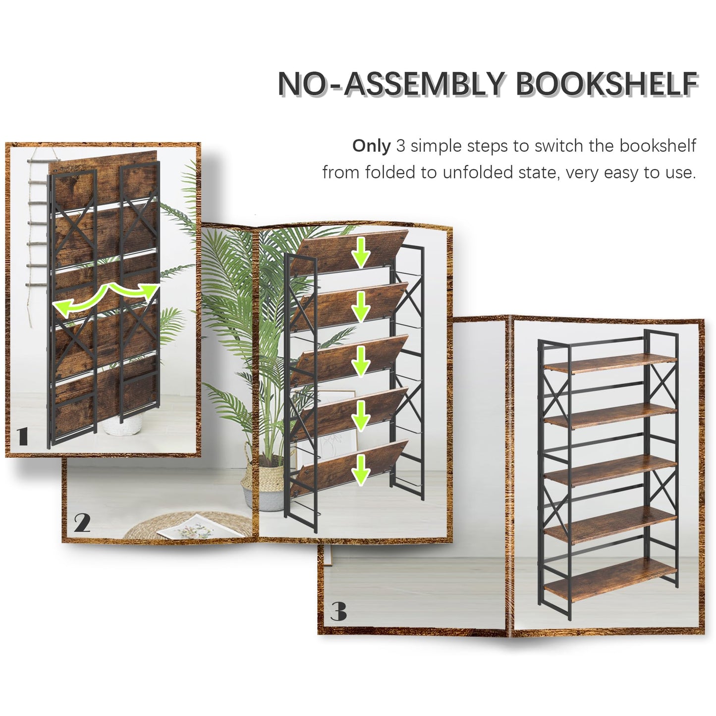 4NM Extra Wide 5 Tiers No Assembly Book Shelves, 51.2" H Folding Bookshelf Bookcase Open Industrial Foldable Shelves for Bedroom, Living Room, Home Office - Rustic Brown Black