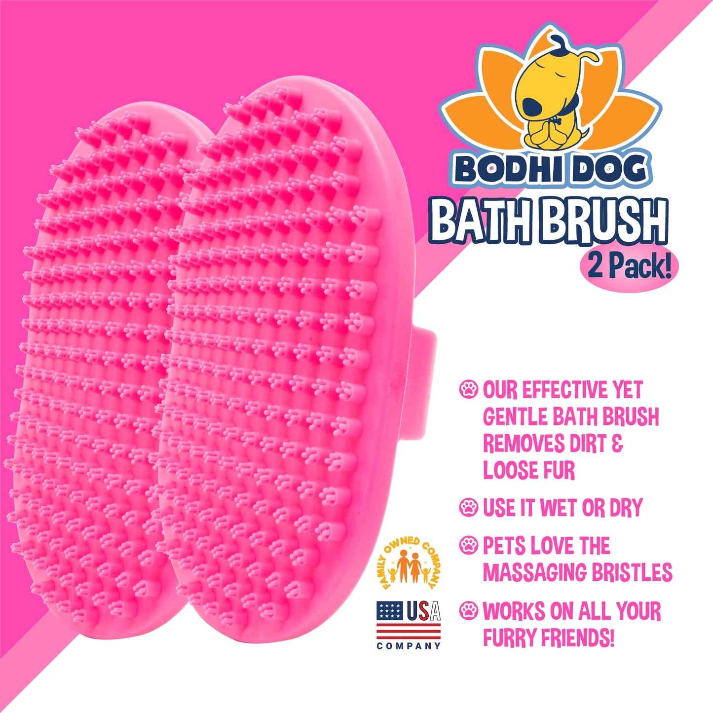 Bodhi Dog Shampoo Brush - Pet Grooming & Bath Supplies for Dogs and Cats - Bath Brush for Long & Short Hair - Premium Scrubber for Shower, Bathing & Massage (Two Pack, Pink)