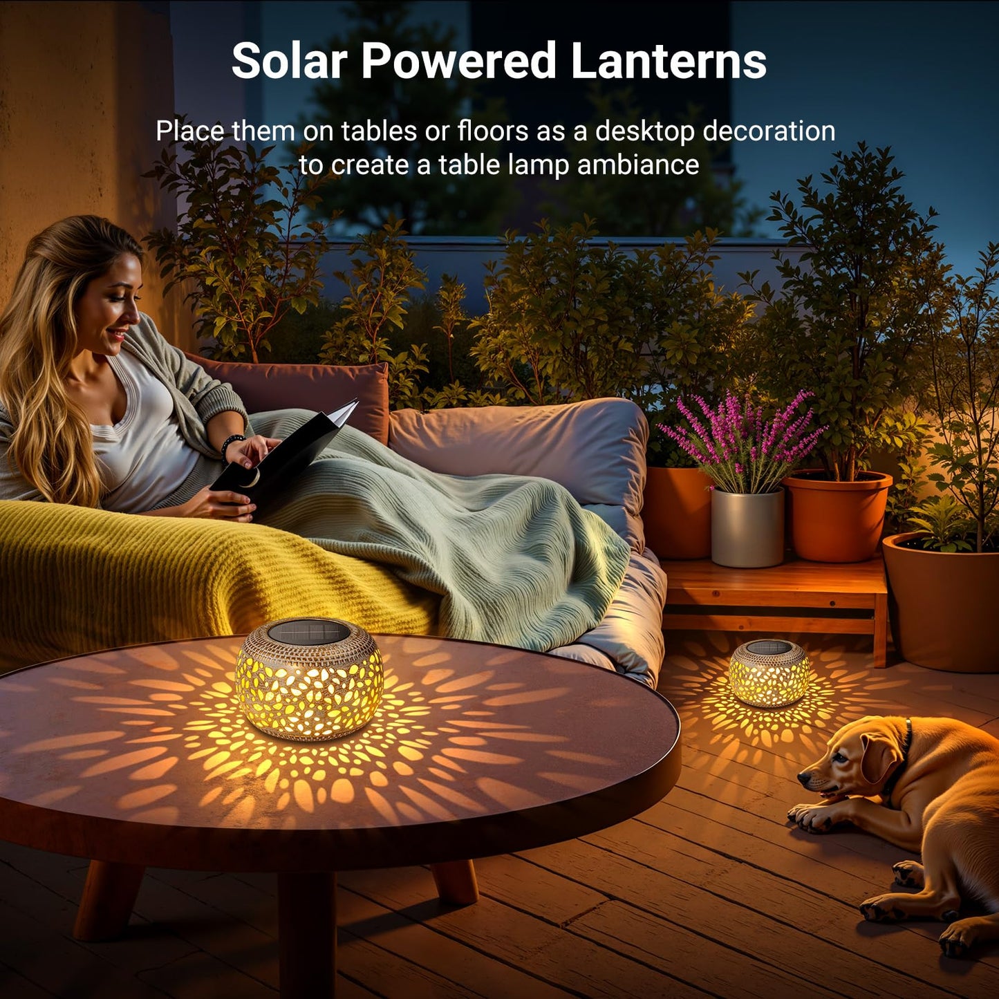 Solar Table Lanterns Outdoor Waterproof: 2 Pack LED Lamps for Patio - White Hollow-Out Metal Retro Solar Light Decor Gift for Women Mom Mothers Day Yard Garden Balcony Indoor Desk Tabletop Decorations