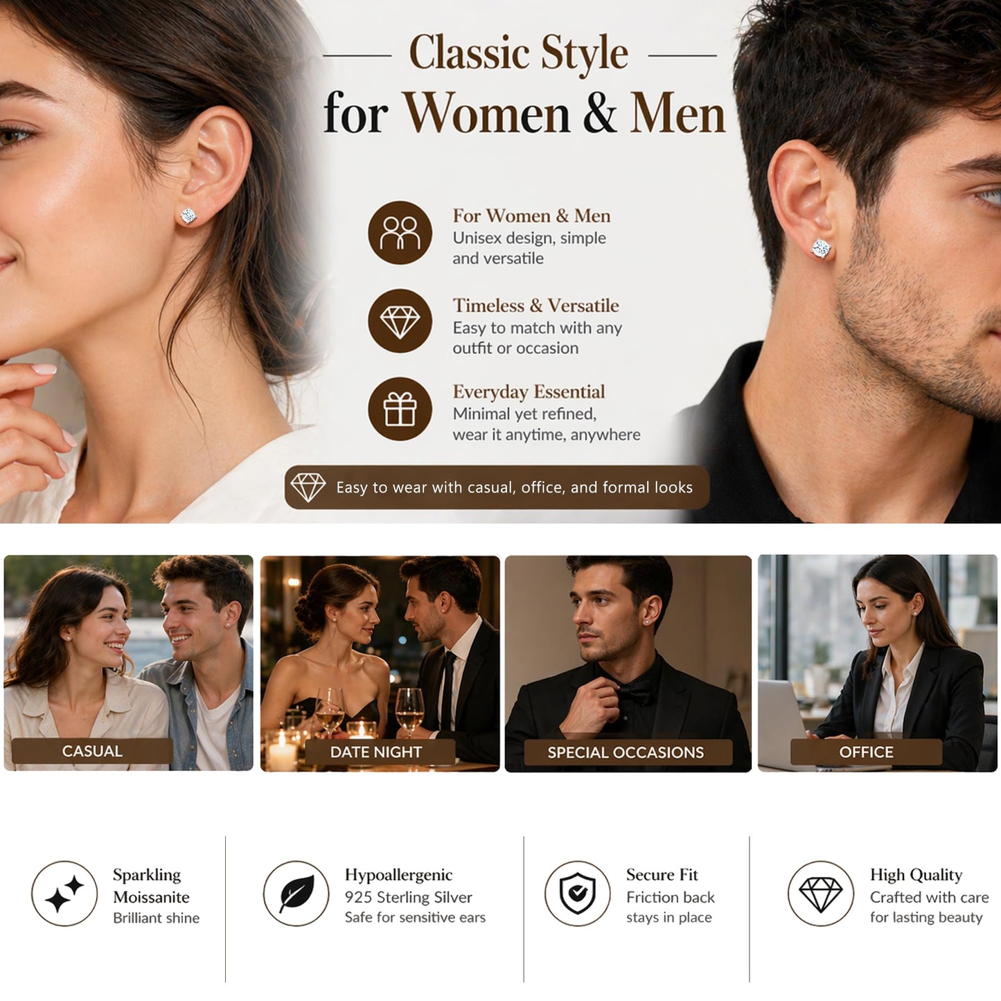 Impalsory Moissanite Stud Earrings 0.3CT 4mm for Women Men, 925 Sterling Silver Hypoallergenic Earrings, 18K White Gold Plated, Secure Friction Back, Brilliant Round Cut D Color VVS1