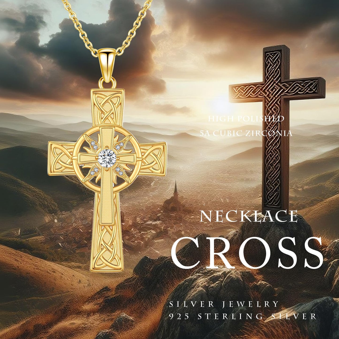 YEESIA Cross Necklace for Women 925 Sterling Silver Gold Plated Sun Crucifix Pendant Necklace Celtic Cross Jewelry Mothers Day Gifts for Women Wife Sister