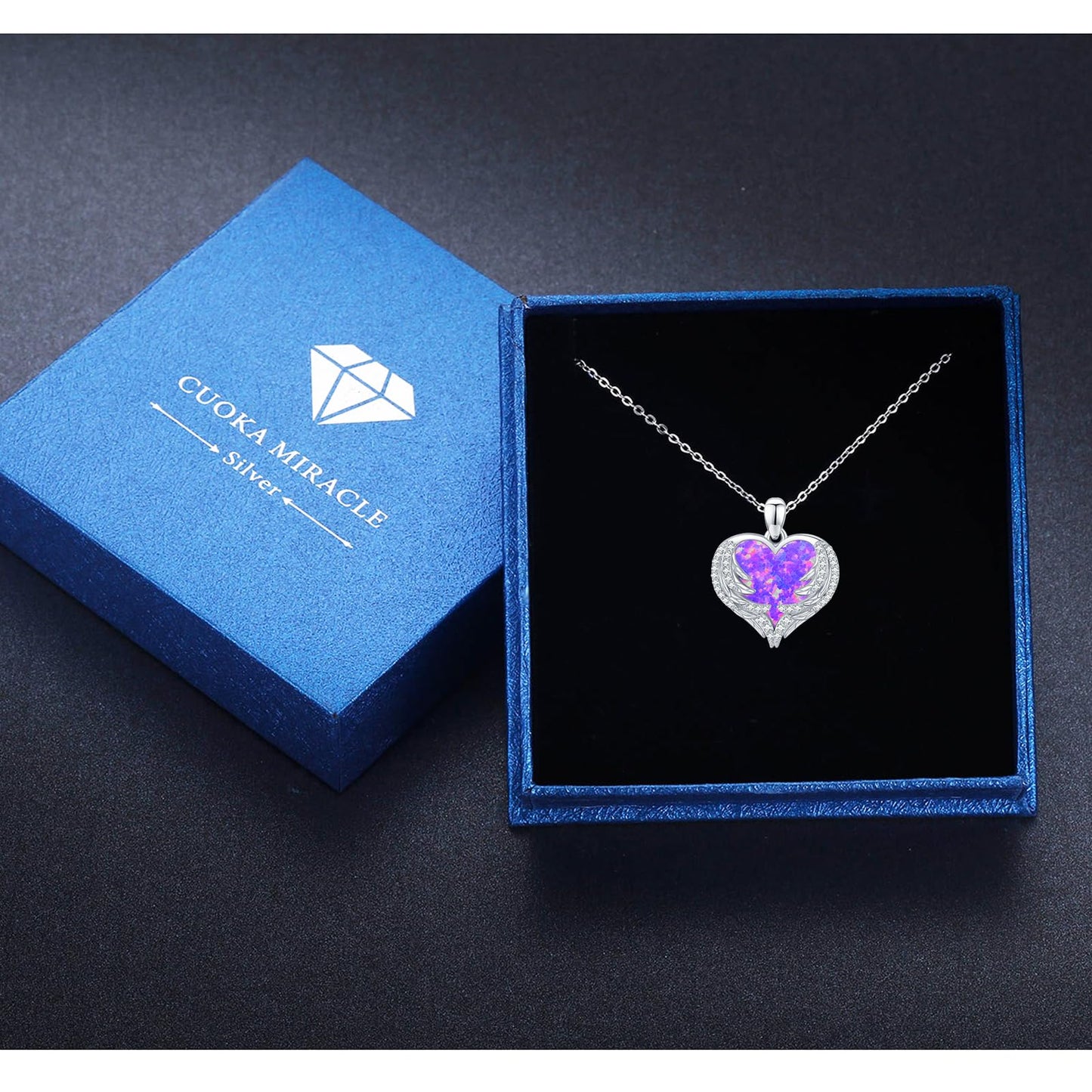 CUOKA MIRACLE Heart Necklace Angel Wing Heart Opal Necklace 925 Sterling Silver Women Necklace Guardian Angel Wings Pendant Necklace Dainty Opal Jewelry Birthday Gifts for Mom Women (Violet Opal Wings)