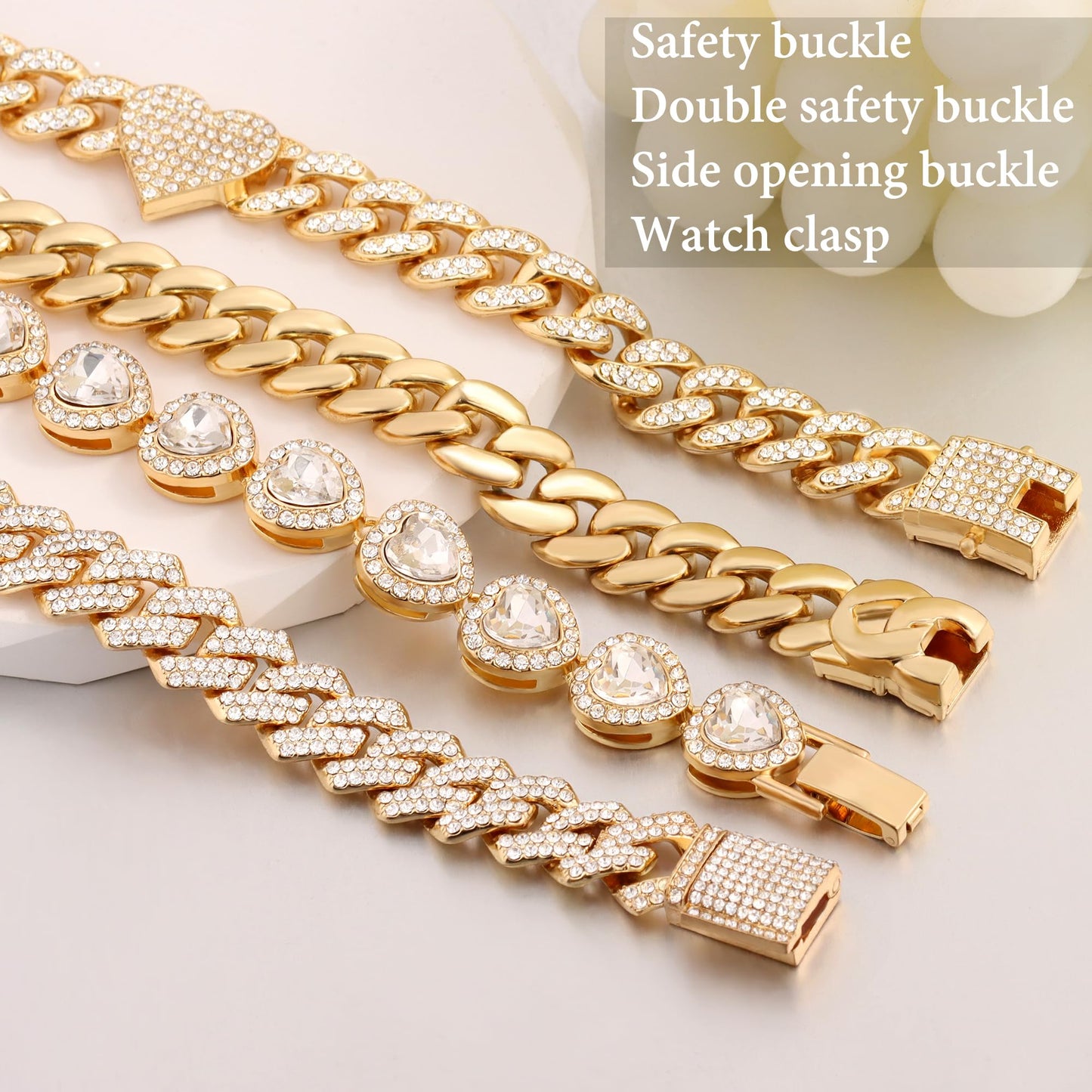 shopbyskyler 4PCS Gold Bracelets for Women Silver Clustered Tennis Bracelet for Women Heart Round Diamond Cuban Bracelet Layered Link Bracelet Set Fashion Jewelry (Gold-2, 8inch)