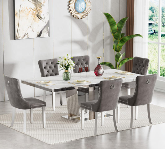 7-Piece Faux Marble Dining Table Set for 6, 63-94.5" Large Extendable Kitchen Table Set with 6 Grey Tufted Chairs, Modern Expandable Dining Room Table for 6 8 10 with Mirrored Double Column Base
