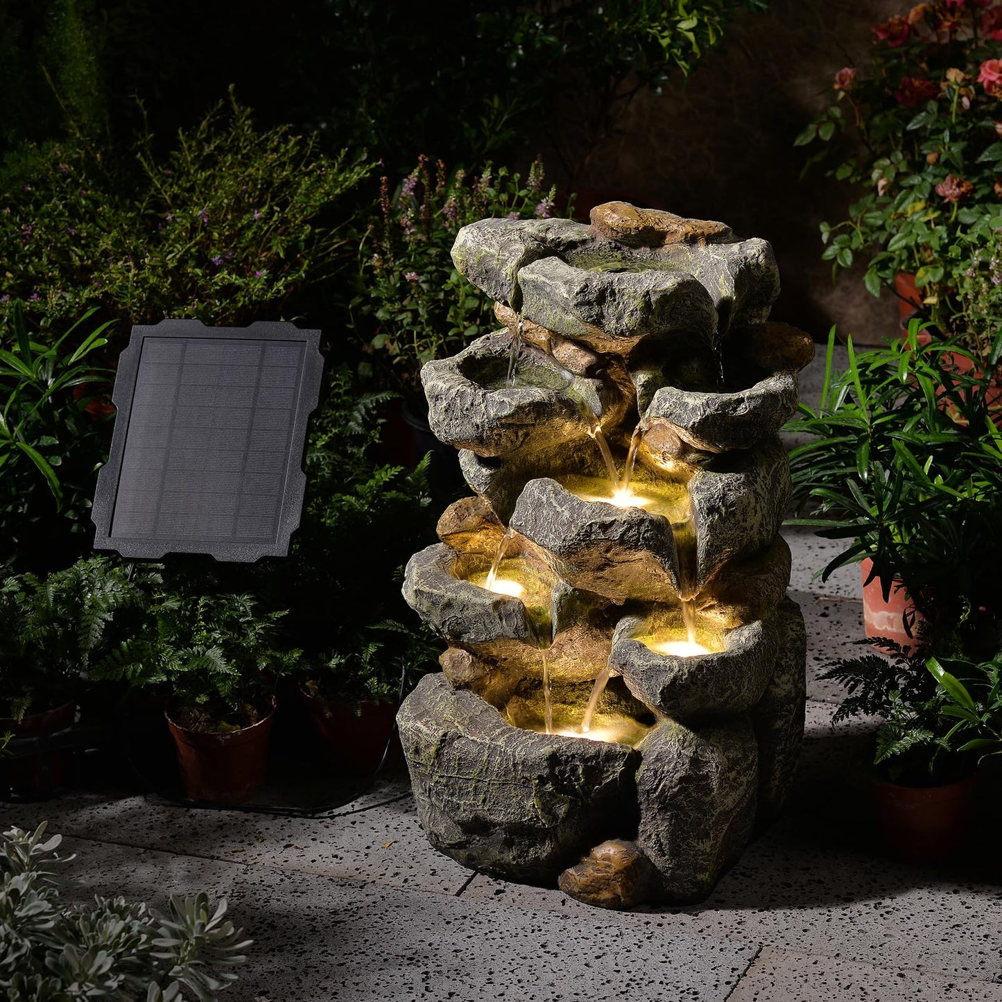 KAISOKU Solar Water Fountain Outdoor Garden, 24" H Cascading Stone Design 5 Tier Rock Feature Outdoor Fountains Waterfalls with Light, Pump Solar Panel for Patio, Deck, Porch, Backyard Home Décor