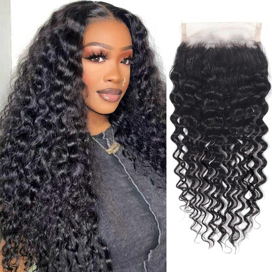 4x4 HD Lace Closure Human Hair Deep Wave Closure Free Part 20 Inch 100% Unprocessed Brazilian Virgin Human Hair Extensions Pre Plucked 150% Density Natural Black